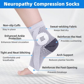 3 Pairs Neuropathy Socks for Women and Men, Nano Soothe Relief Compression Socks Toeless Compression Socks Ankle Compression Sleeve for Arch Support, Plantar Fasciitis Foot Swelling(Gray, M)