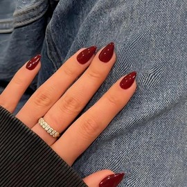 Uñas postizas cortas de almendra roja, 30 piezas de uñas postizas gruesas cortas, uñas acrílicas de color sólido a presión, uñas cortas de almendra de