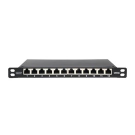 DIGITUS Cat-6A Patch Panel - 12 Ports - RJ45 Sockets - 10-Inch Rack Mount 0.5U - LSA Distribution Panel - Shielded - Black