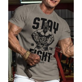 Stay in The Fight Motivational Strength Workout Gym T-Shirt for Men (SM, Stay in The Fight WarmGrey)