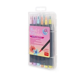 LEGAMI - Set of 12 felt tip pens with brush tip - brush markers, flexible tip made of nylon fibre, felt tip pens in 12 pastel colours, liquid strokes and variable widths, felt tip pen diameter 1 cm