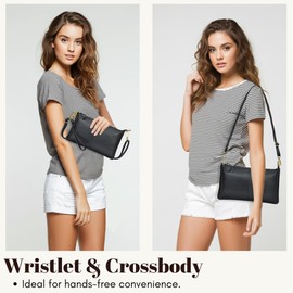 NGIL Women Genuine Leather Crossbody Wristlet, Women's Handbag, Chic Shoulder Bag Small Wristlet Wallet, Golden Accent Zipper (Black, Medium)