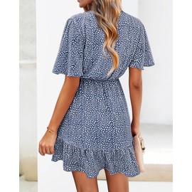 KIRUNDO Women's Summer Dresses 2025 Casual Short Sleeve V Neck Ruffle Floral Print High Waist Flowy Mini Dress with Belt(Large, Dark Blue)