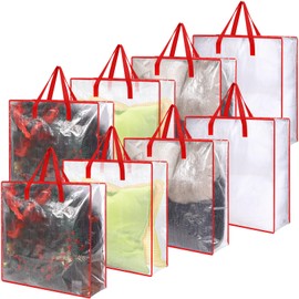 Wesnoy 8 Pcs Clear Moving Bag Blanket Comforter Clothes Bedding Storage bags 95L with Handle and Zipper Heavy Duty Totes, Extra Large Plastic Wreath Storage Bag Moving and Packing Supplies(Red)