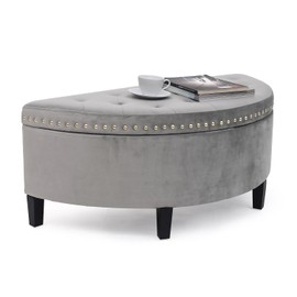 Joveco 43.5" Storage Bench- Velvet Half Moon Ottoman- Tufted Storage Ottoman with Rivet- Half Moon Storage Ottoman Storage Bench for Bedroom and Entryway (Gray)