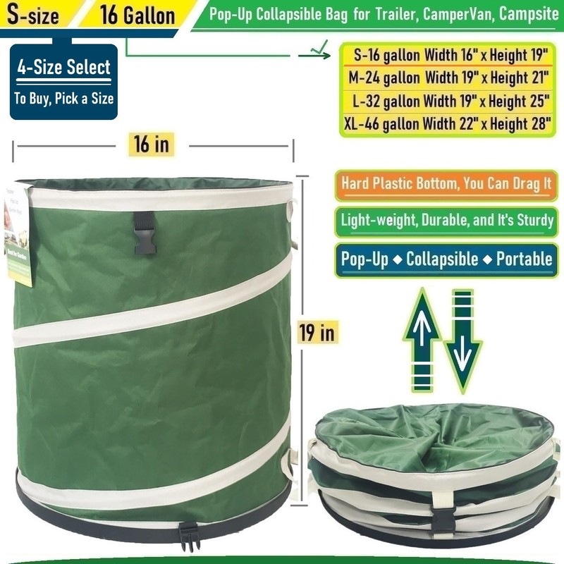 16-Gallon Collapsible Trash Can (16x19 in) Hard-Shell Bottom Yard Garden