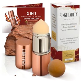 Singularity Rodillo Facial 2en1 Absorbedor de Grasa | Con Piedra Volcánica y Esponja de Maquillaje | Matificante Para Todo Tipo de Piel | Con Guía de Uso y Garantía Singularity | Cafe