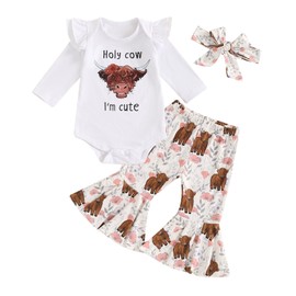 Newborn Baby Girl Fall Outfits Holy Cow Print Long Sleeve Romper Cow Floral Flare Pants Headband Set 3Pcs Clothes (White, 3-6 Months)