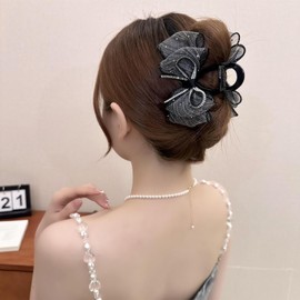 Rannyrena Large Bows Mesh Hair Clips for Women Pearl Flower Bubble Hair Barrettes for Thick Thin Hair Chiffon Silk Bowknot Claw Clips Hair Accessories (Crystal Bows Set)