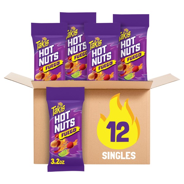 Takis Hot Nuts Fuego Double Crunch Peanuts, Hot Chili Pepper Lime Flavored Spicy Peanuts, Multipack 12 Individual Bags, 3.2 Ounces Each