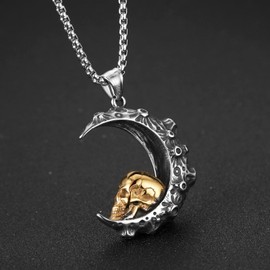 HZMAN Mens Women Gothic Retro Moon Crescent Skull Stainless Steel Pendant Necklace 22+2 Inch Chain (Silver Gold)