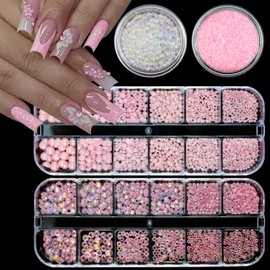 VOTACOS Nail Art Rhinestones Pink Nail Charms Resin Clear Jelly Rhinestones Pearls Glitter Supplies Crystal Gems Bubble Bead Accessories for Women Manicure Decorations Design