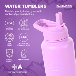 FAHRMOSIS 40 Oz Water Bottle with Strap Stainless Steel Sports Water Bottle with 3 Lids (Straw, Chug and Flip Lid) Insulated Leak Proof Metal Jug for Men & Women - Lavender
