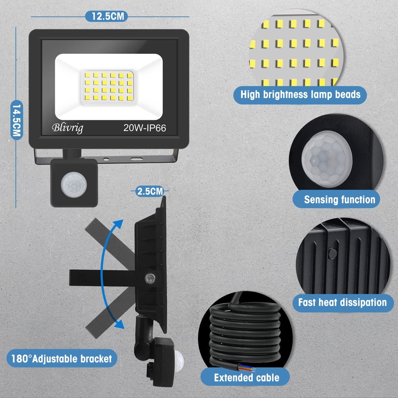 20 W LED Spotlight Motion Sensor, 2000 LM LED Outdoor