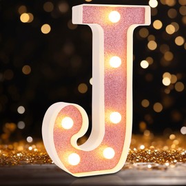 Small Led Marquee Letters, Light Up Letters, 8.58 Inch Led Letter Lights, Battery Powered Lighted Sign for Table, Party, Birthday, Christmas Decor (Pink Glitter, Letter J)