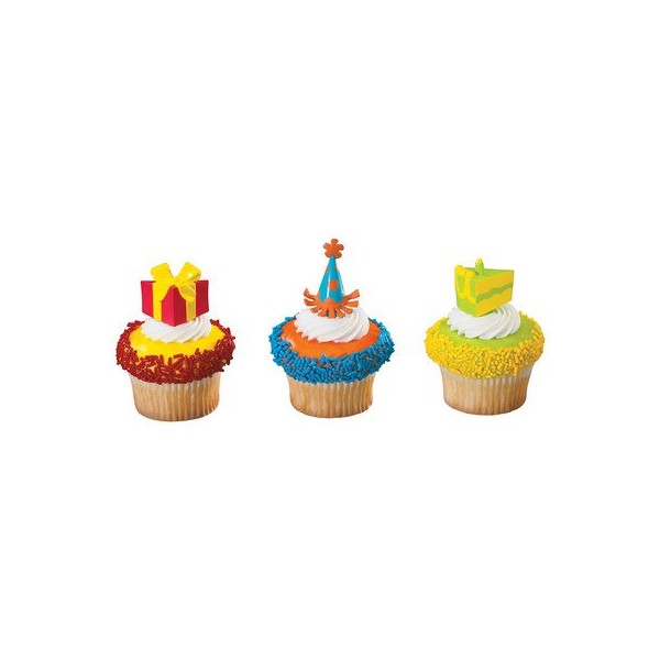 Gift Package Cake Slice Party Hat -24pk Cupcake / Desert / Food Decoration Topper Picks with Favor Stickers & Sparkle Flakes