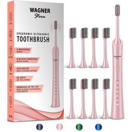 Cepillo de dientes eléctrico blanqueador ultrasónico Wagner & Stern con 6 modos de cepillado. 8 cabezales de cepillo de carbón para un aliento fresco y una sonrisa saludable. (Rosado)