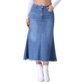 CIMUK Women's Denim Skirts High Waisted A-line Fishtail Long Denim Skirt, blue, L