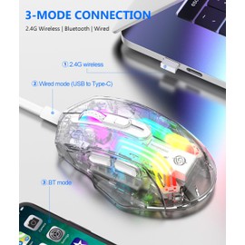 Gaming Mouse, 2.4G Cordless BT USB Wired 3 Mode Game Mice, Silent Transparent Gaming Mouse with RGB Light 5 Adjustable DPI, for PC Tablet (White)