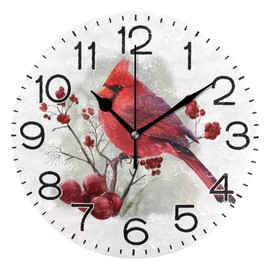 Winter Red Bird Cardinal Wall Clock Battery Operated Non Ticking Silent Quartz Analog Rustic Farmhouse Round Clock Retro Decor for Home Kitchen Living Room Bathroom