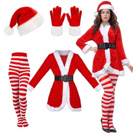 Christmas Costume Women's Christmas Woman Red Santa Outfit Velvet Coat Belt Hat Gloves Party Cosplay (L)