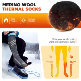 TANSTC Thermal Socks Merino Wool Ski Socks for Men Women,Winter Thick Warm Knee High Sport Socks for Snowboard Walking Hiking Running Skiing 2 pairs,grey,L