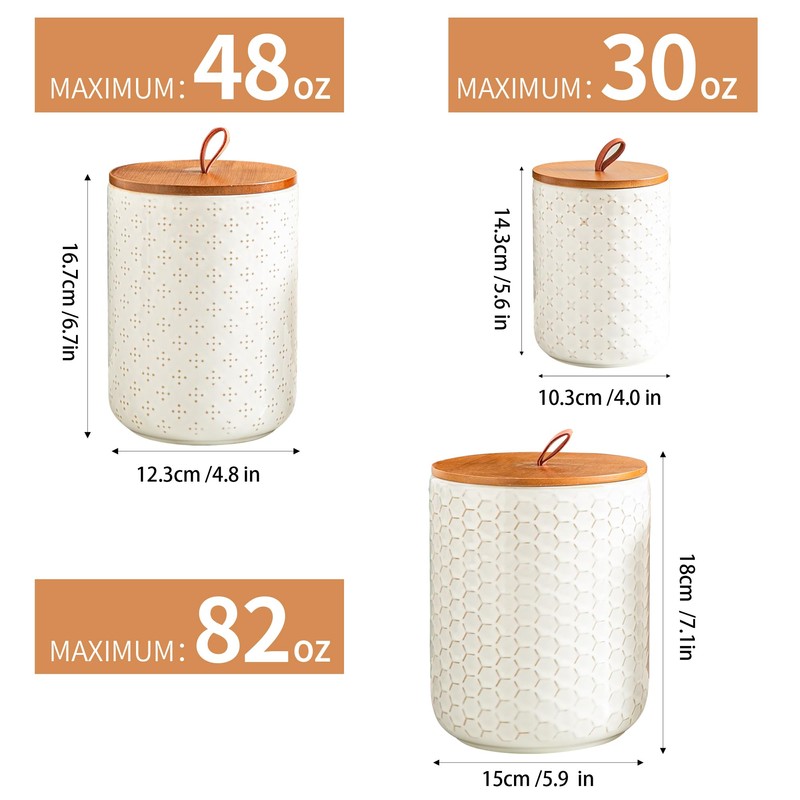 JOJUNO White Ceramic Canister Set with Wooden Lids – 3-Piece