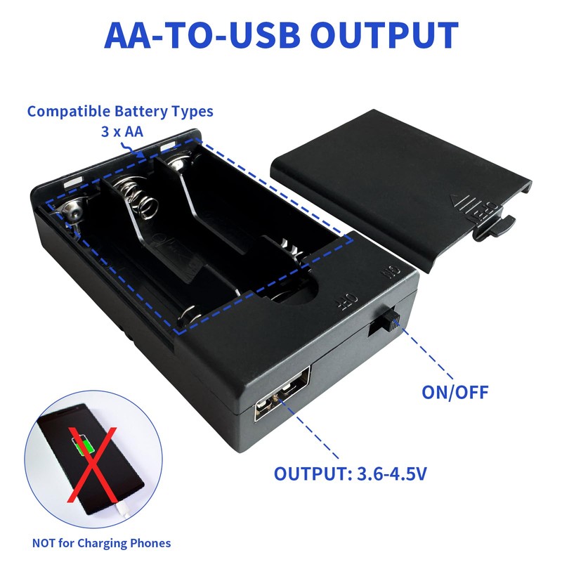 HOLITS 3 AA Battery Box with USB Output Port for