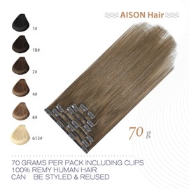 Ash Brown Clip in Hair Extensions Real Human Hair 70G 100% Remy Human Hair Extensions Straight 7pcs 16clips(15 Inch #8)