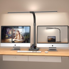 Ksunun Double Head LED Desk Lamp, Architect Desk Lamps for Home Office, 24W Brightest Workbench Office Lighting-5 Color Modes and 5 Dimmable Eye Protection Modern Desk Lamp (Black-Desktop, Big)