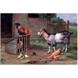 Tile Mural The Intruder Farmyard Rooster Hens Chickens by Edgar Hunt Kitchen Bathroom Shower Wall Backsplash Splashback 3x2 4" Marble, Matte