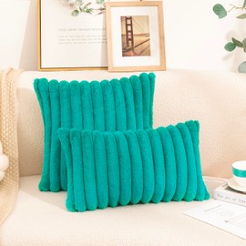 Uhomy Pack of 2 Faux Fur Home Decorative Throw Pillow Cover Luxury Super Soft Fuzzy Striped Furry Pillowcase for Sofa Couch Bedroom Comfy Thick Fluffy Plush Cushion Cover 18x18 Inch Turquoise 45 cm