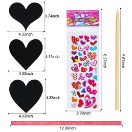 Rthjsfj Valentines Scratch Art Kit - 28Pcs Heart-Shaped Rainbow Scratch Paper, 28Pcs Wooden Styluses Sticks, 28Pcs Ribbons, and 2Pcs Valentines Puffy Stickers