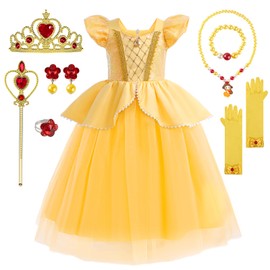 YYDSXK Princess Dress Girls, Belle Costume Girls with Crown Wand Necklaces Set, Fancy Dress Costumes Children Belle Princess Costume Girls for Carnival Cosplay Birthday Party
