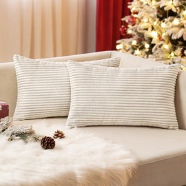 EMEMA Throw Pillow Covers Corduroy Decorative Soft Striped Rectangle Cushion Covers Spring Pillowcases for Couch Sofa Bedroom Chair Car 12x20 Inch Pack of 2, Cream White