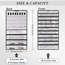 AfitLulu Hanging Jewelry Organizer Double Sided with 48 Pockets and 8 Hooks for Earrings Necklaces Rings Bracelets Watches, Jewellery Display Stand with Rotatable Metal Hooks for Wall Door (Grey)