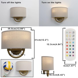 Yosoan Battery Operated Linen Fabric Boho Wall Sconce, 2-Light Vintage Wireless Dimmable Lights with On Off Rechargeable Bulbs with Remotes Control, 15 Colors Mode Wall Lamp for Bedroom Stairwell