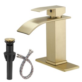 BATHLAVISH Brushed Gold Bathroom Sink Faucet Waterfall Single Hole Single Handle Lavatory Vanity Modern with Pop Up Drain with Overflow 1 or 3 Hole Deck Mounted Commercial Mixer Tap