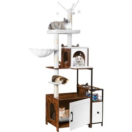 Snughome Cat Tree with Litter Box Enclosure, 3-in-1 Modern Cat Tower for Indoor Cats, 67.32’’ Hidden Cat Litter Box Furniture with Cat Condo, Food Station and Hammocks, All-in-one Cat Furniture