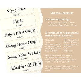 Hospital Bag Maternity Organiser Bag Pouches & Labels | Baby Labour and Delivery Essentials | New Baby | Frosted Reusable Zip Lock Bags (12 Bags & 15 Labels)