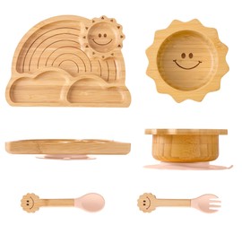 Bamboo Suction Plates Bowls Set for Baby Toddler - Includes Bamboo Bowl, Divided Plate, Silicone Fork & Spoon, All-Natural Baby Feeding Set for Baby-Led Weaning