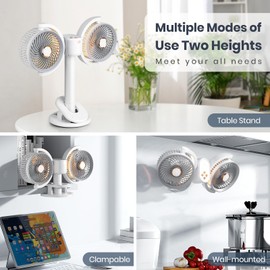 Dual Head Clip Fan,Battery Operated Desk Fan,Wall Mounted Ultra Silent 360° Rotatable Removable 4 Speed Adjustment, 12V Cooling Air Fan for Car, Table,Bed,Bedroom,Office,Camping,Stroller,Treadmill