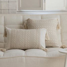 vctops Boho Cotton Linen Decorative Throw Pillow Covers with Tassels 12x20 Inch Soft Farmhouse Neutral Pillow Covers Accent Macrame Woven Beige Cushion Case for Couch Sofa Car (Beige Weave,12"x20")