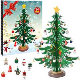 Kiwinvou Christmas 24 Days Countdown Advent Calendar with Wooden Christmas Tree,Mini Snowman Santa Stuffed Decoration for Xmas Party Favor Gifts Classroom Prizes (Christmas)