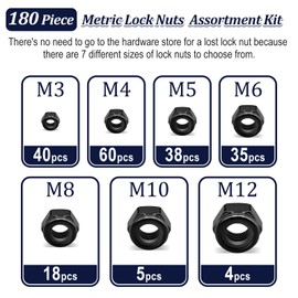 ZQZ 180 Pack Black Locknuts Assortment Kit, M3 M4 M5 M6 M8 M10 M12 Metric Black Nylon Insert Lock Nuts Set, 304 Stainless Steel Standard Threaded Nylock Nuts