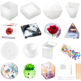 Resin Molds Silicone Kit 20Pcs,Epoxy Resin Molds Including Sphere,Cube,Pyramid,Square,Round, Used for Create Art,DIY,Coasters,Candles.Bonus Decorative Sequins and The Complete Set(20PCS Resin molds)