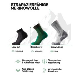 DANISH ENDURANCE Merino Hiking Socks Set, 3 Pairs with Various Lengths & Thicknesses, Outdoor & Trekking Socks, for Men & Women, Multicoloured (classic grey, light black, low-cut dark green)