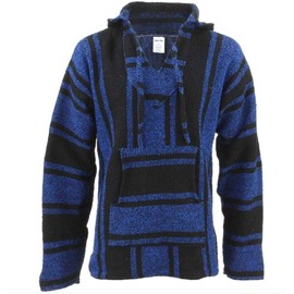 Mexican Baja Hoodie Sweater Jerga Pullover Black Blue (Large)