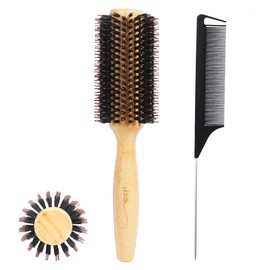 Vista Round Hair Brush with 10 mm Boar Bristles 15 mm Nylon Bristles Hair Brushes for Women Bamboo Hair Brush Styling with Tail Comb for Blow-Drying, Shiny, Smooth, Long, Curly Hair