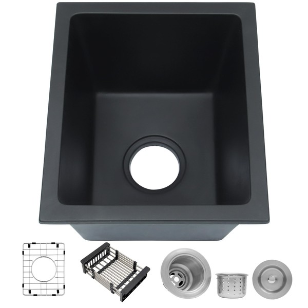 MILOSEN Black Bar Sink 13×15 Inch, Undermount Granite Composite RV